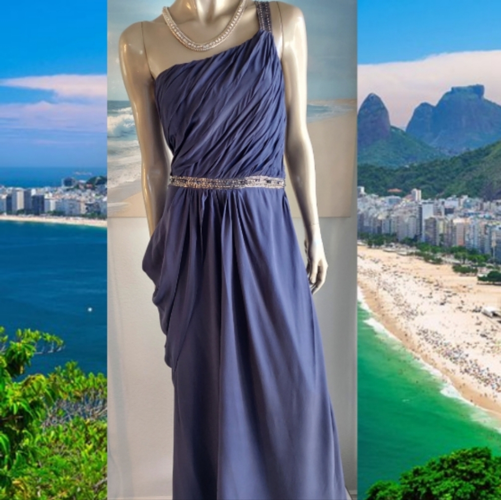 □$1,400 CARLOS MIELE BLUE CRYSTAL BEAD SILK RUNWAY GOWN M L - Picture 3 of 9